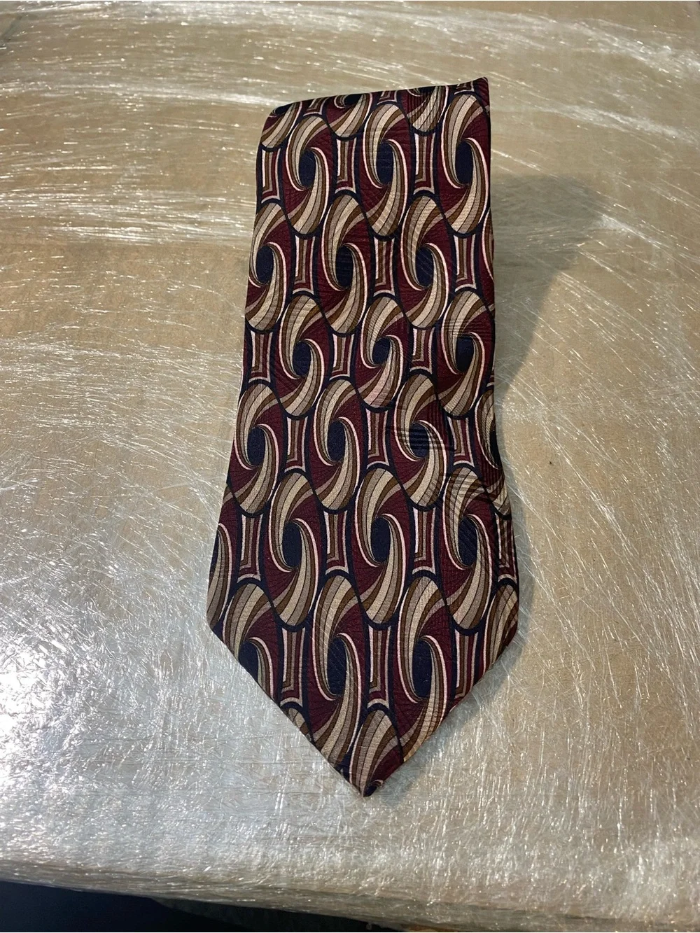 Halston Heritage Burgundy and Tan Geometric Silk Tie